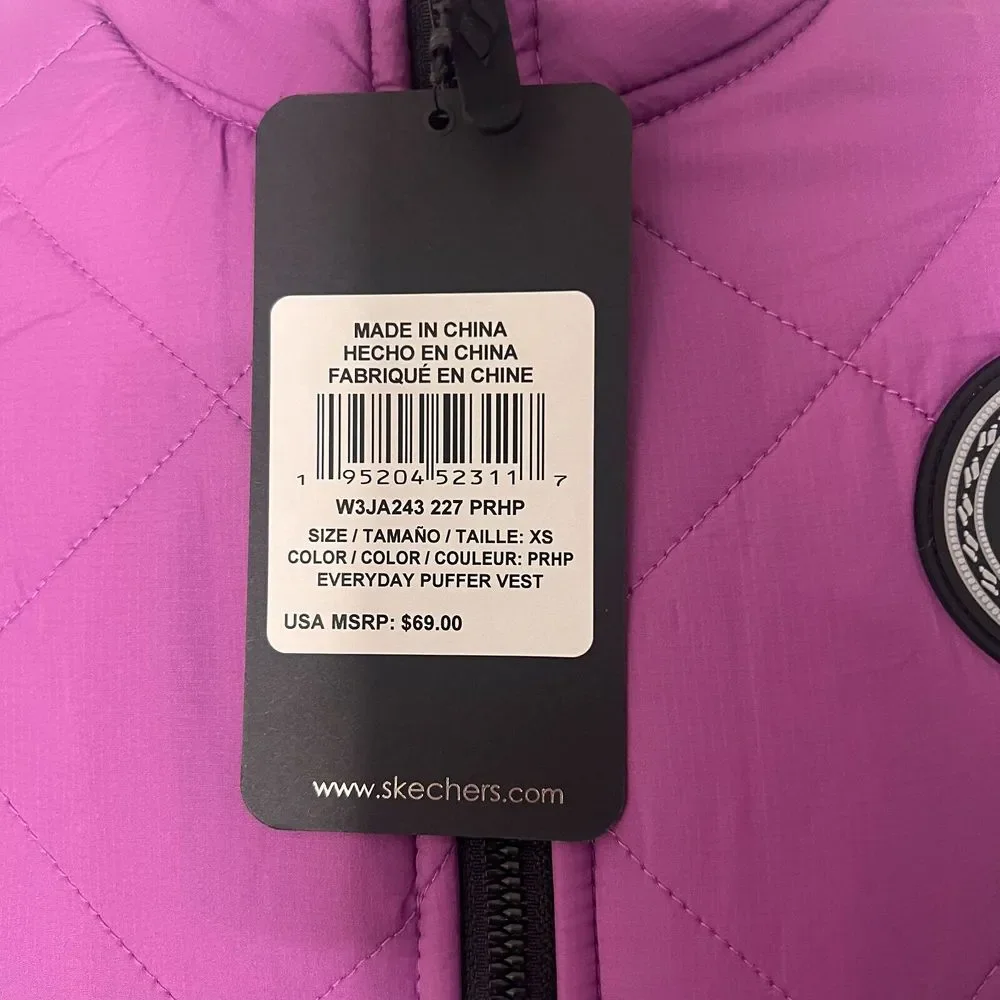 Skechers‎ Everyday Puffer Vest Womens XS Purple Black Quilted Sherpa W3JA243 NEW
